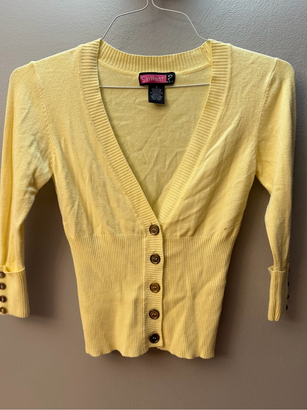 Vintage Y2K SAY WHAT? yellow v-neck button-up cardigan sweater